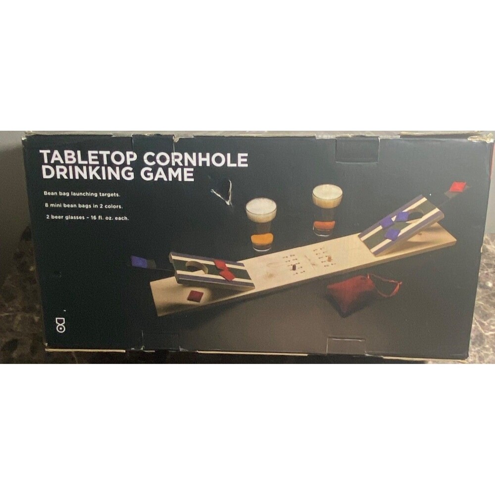 Tabletop Cornhole Drinking Game Set W/ 8 Mini Bean Bags 2 Colors & 2 Beer Glasse